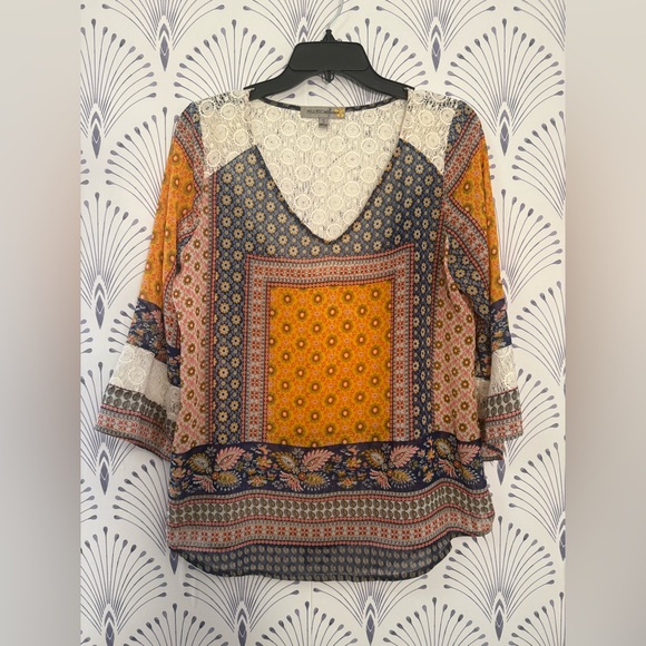 Anthropologie Fig and Flower Orange and Blue Patterned Blouse size small - Picture 1 of 4